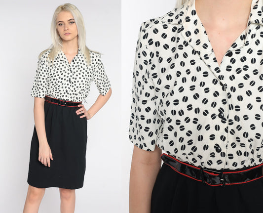 80s Black White Geometric Mini Shirtdress High Waist Button Front Extra Small