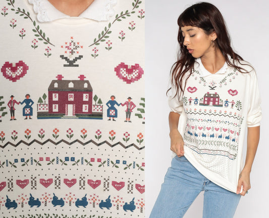 90s Country Home Collared Sweatshirt Cream Graphic Crewneck Large
