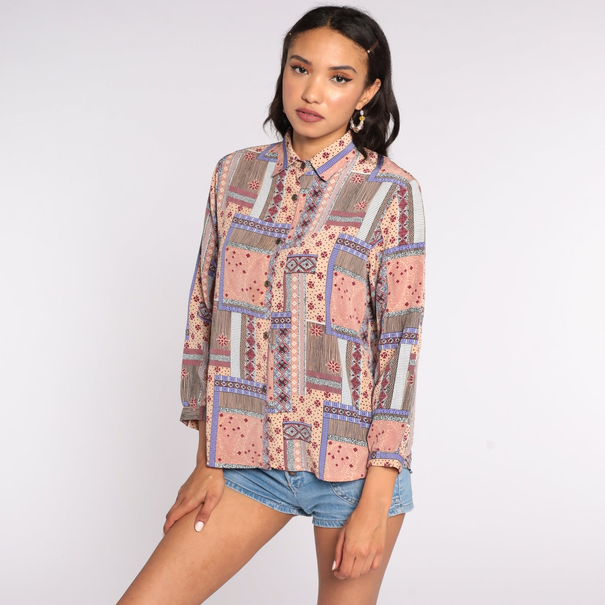 Y2K Patchwork Button-Up Blouse Geometric Paisley Peach Pink Long Sleeve Medium
