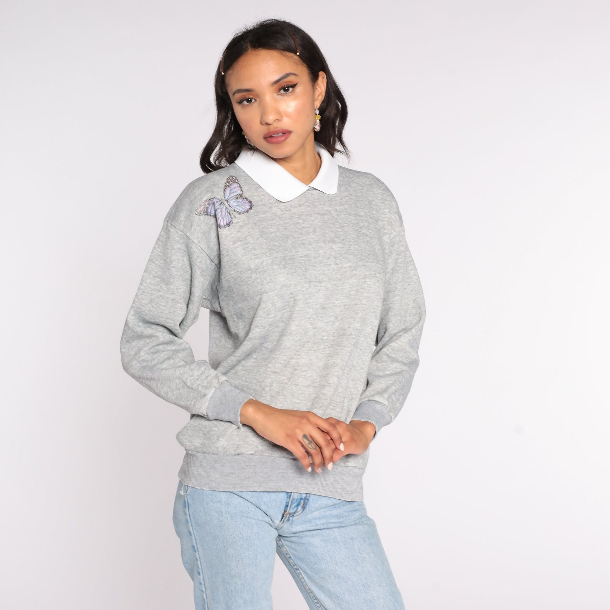 80s Butterfly Collared Sweatshirt Grey Graphic Pullover Medium