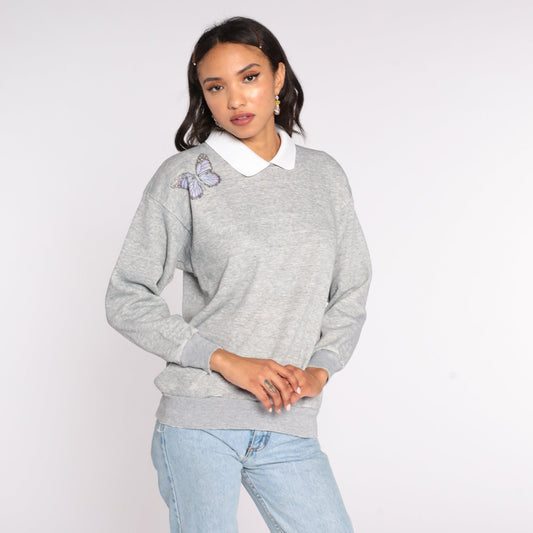 80s Butterfly Collared Sweatshirt Grey Graphic Pullover Medium