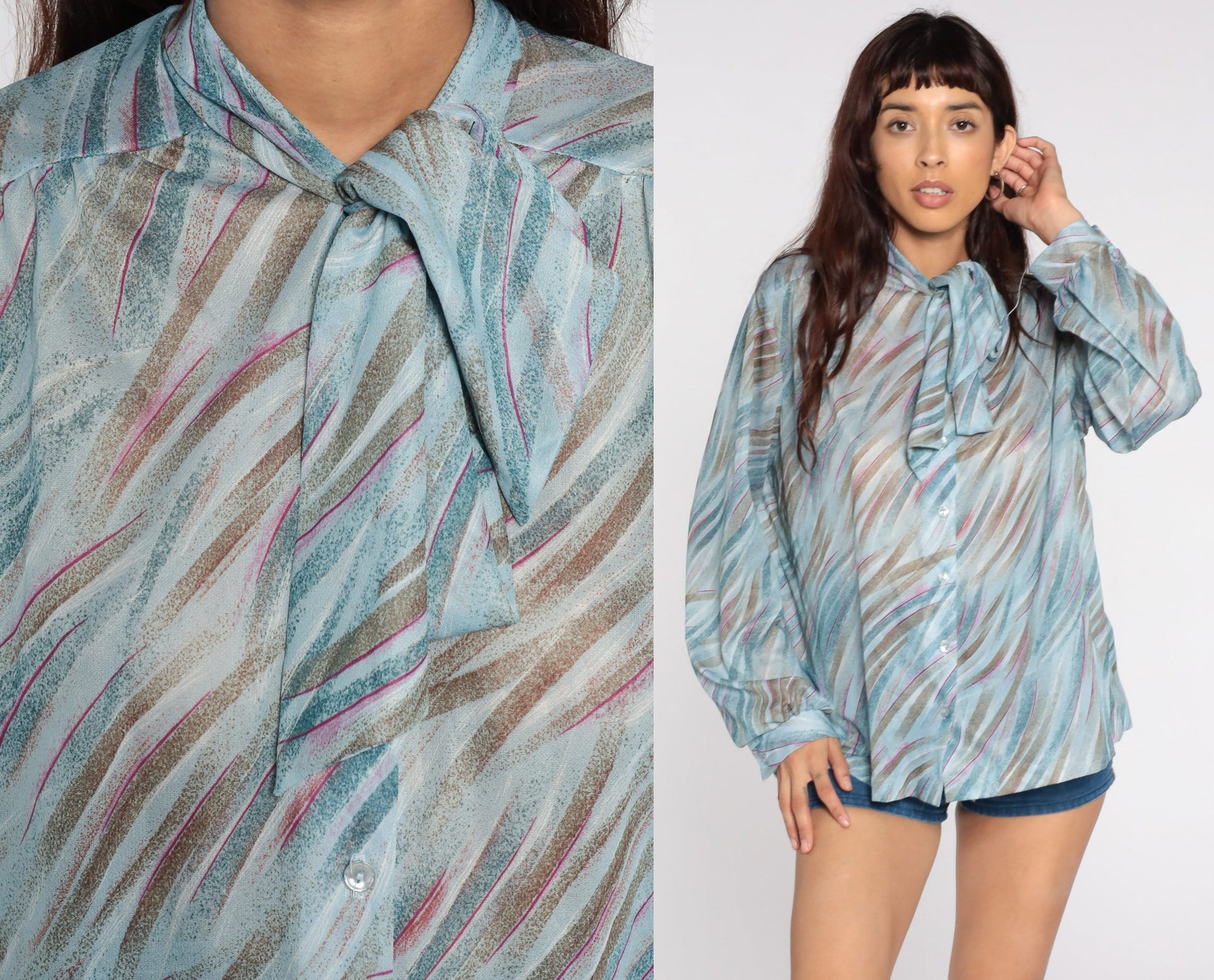 70s Sheer Ascot Blouse Blue Brushstroke Print Button-Up Long Sleeve Extra Large