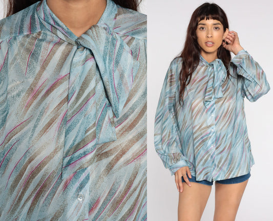 70s Sheer Ascot Blouse Blue Brushstroke Print Button-Up Long Sleeve Extra Large