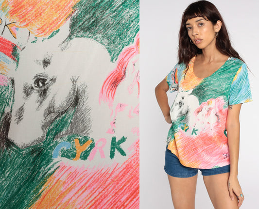 70s Cyrk Art Horse Rainbow Shirt Tunic Top Short Sleeve Large L