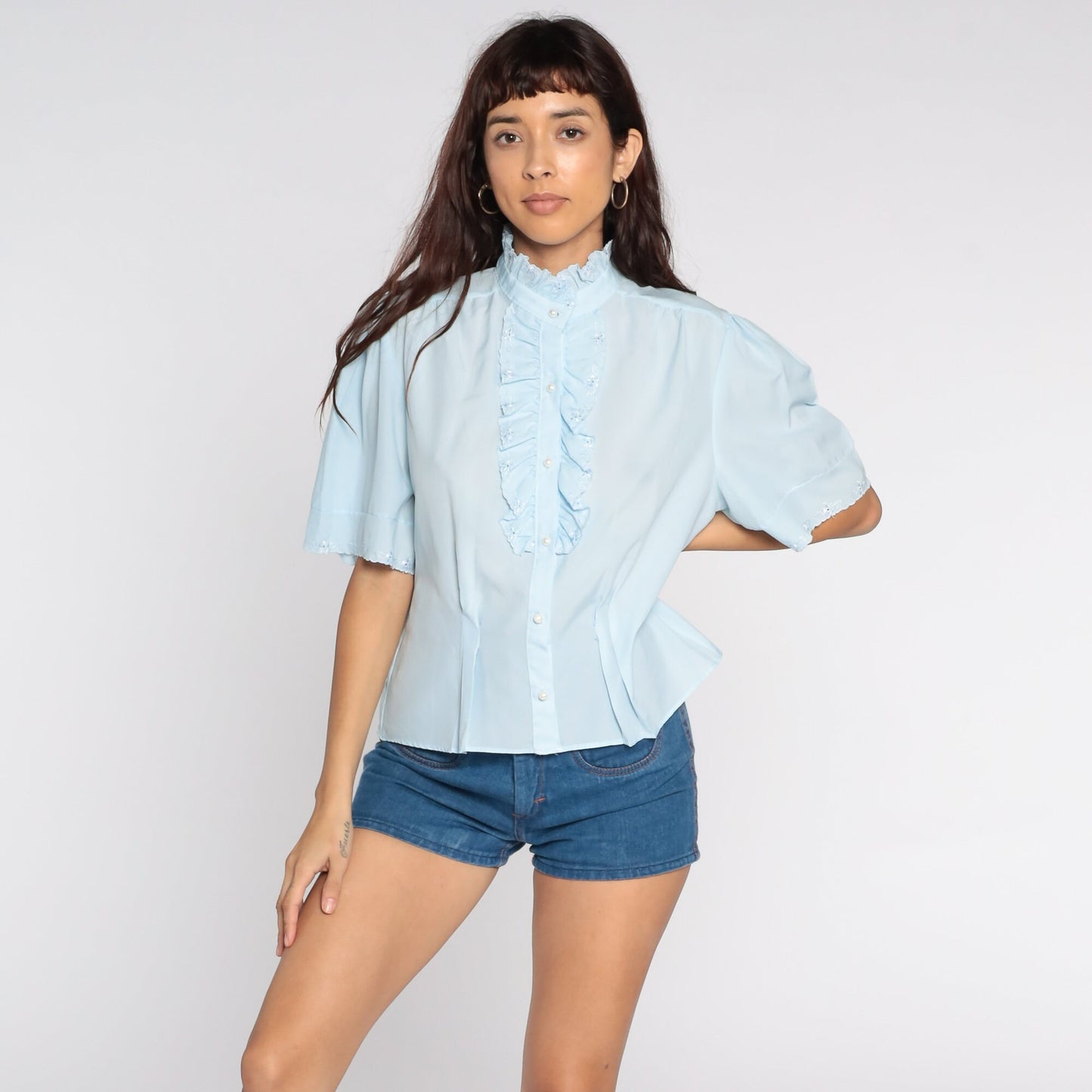 80s Baby Blue Ruffle Tuxedo Blouse Short Sleeve Button Up Eyelet Extra Large