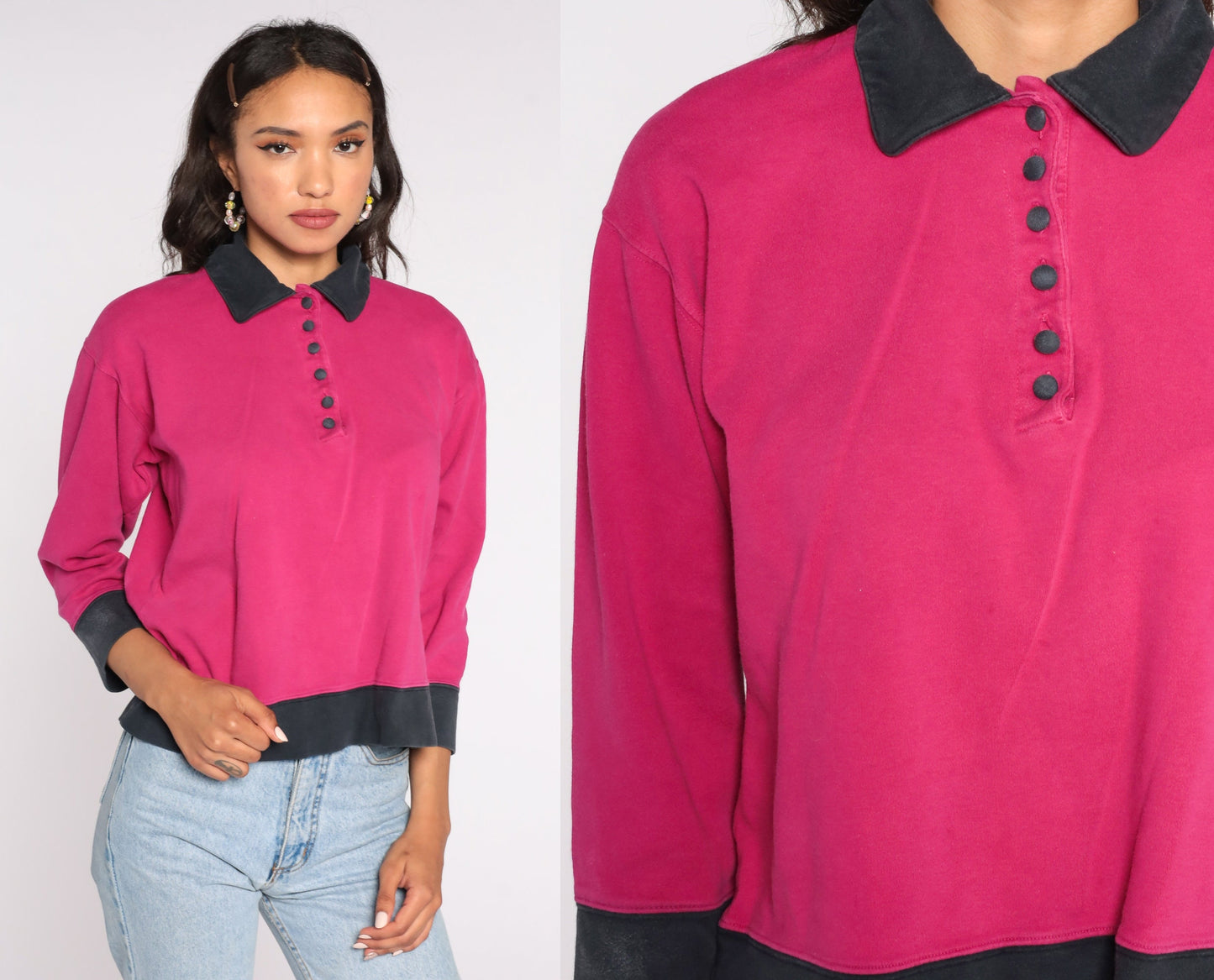 80s Pink Button-Up Shirt Cotton Blend Polo Small S
