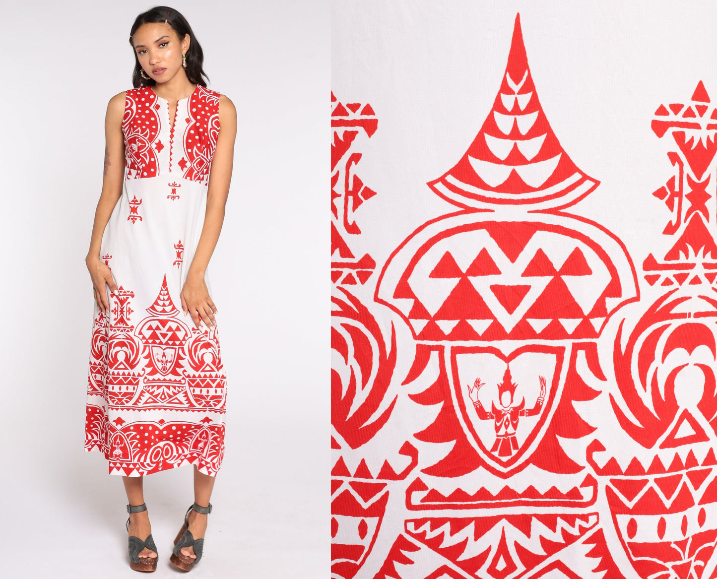 70s Maxi Dress Hindu God Print V-Neck Empire Waist Sleeveless Red White Medium
