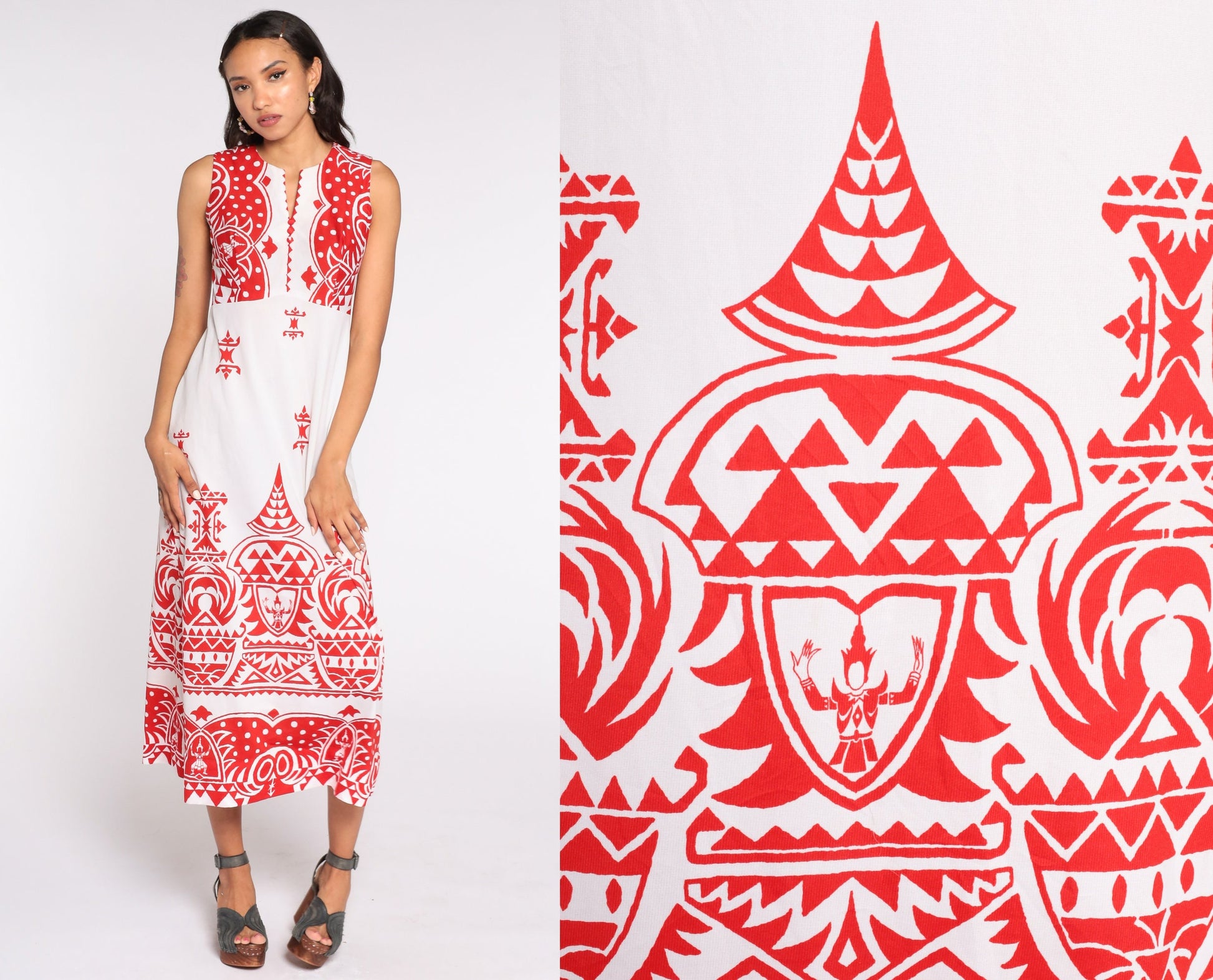 70s Maxi Dress Hindu God Print V-Neck Empire Waist Sleeveless Red White Medium
