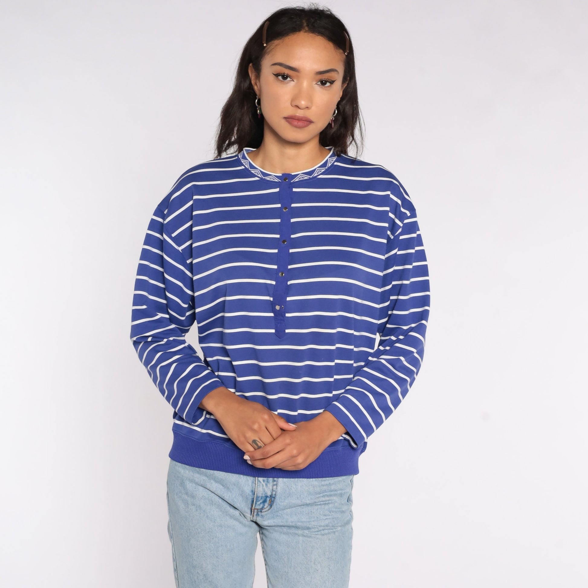 80s Purple Striped Long Sleeve Henley Top Large