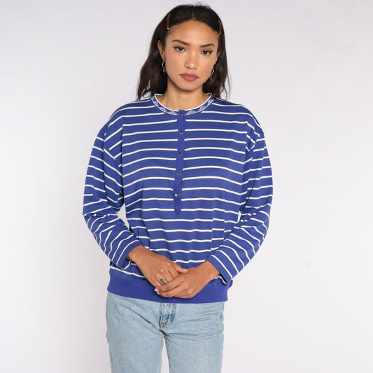 80s Purple Striped Long Sleeve Henley Top Large