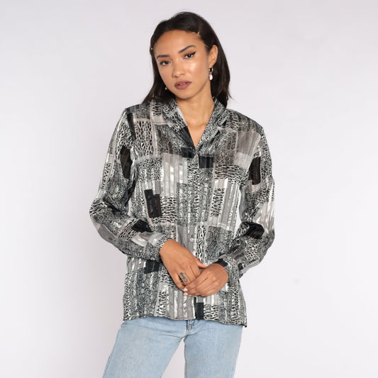 90s Leopard Print Semi-Sheer Blouse Black Striped Button-Up Medium