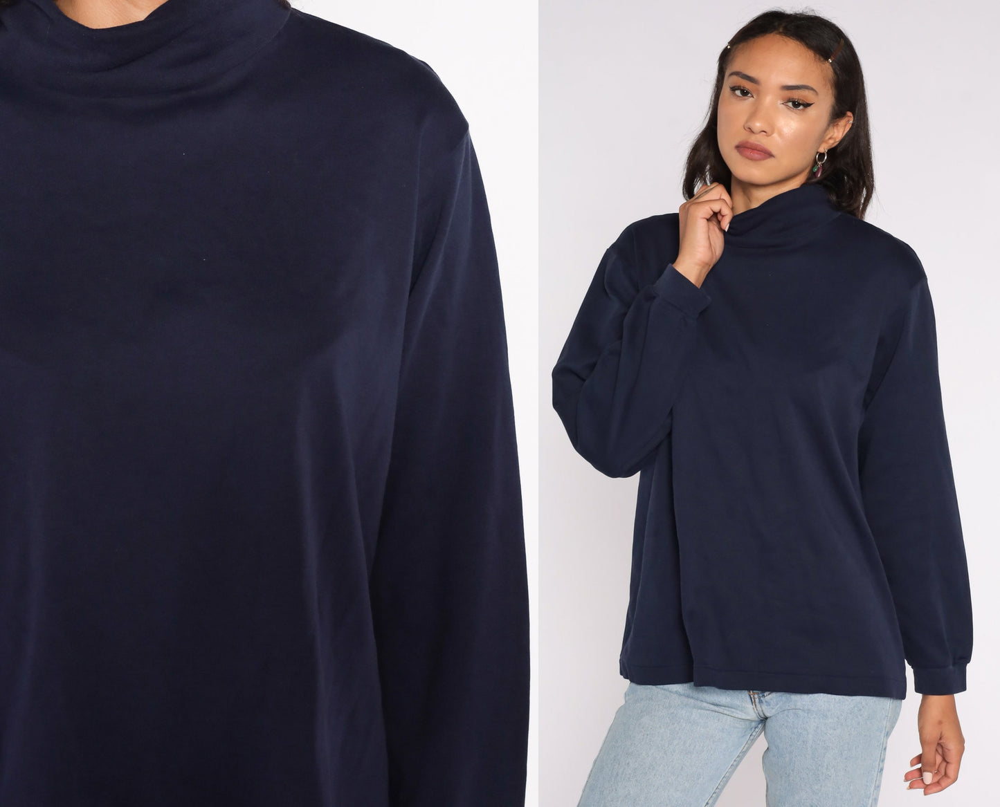 80s Navy Mock Neck Long Sleeve Shirt Cotton Top Extra Large XL