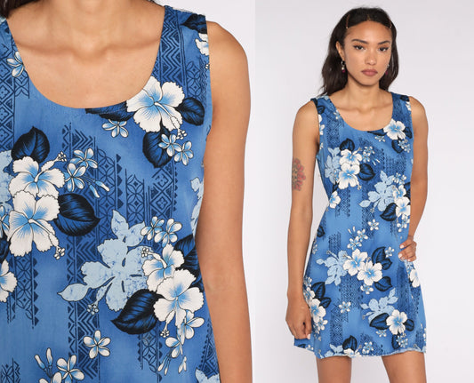 90s Hawaiian Floral Mini Sundress Blue Sleeveless Sheath Small