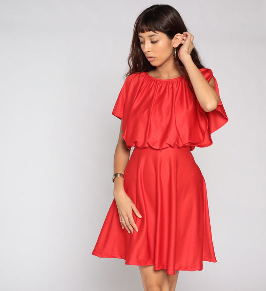 70s Red Grecian Mini Dress High Waist Flutter Sleeve Capelet Small