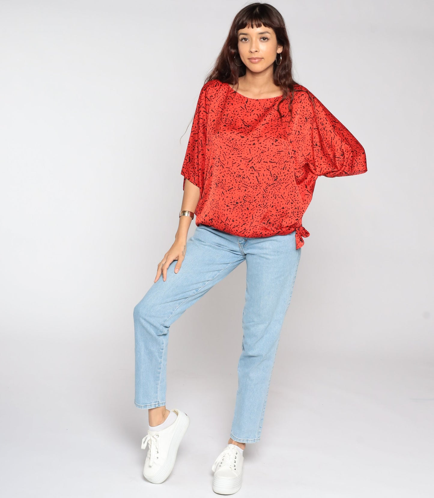 80s Red Confetti Flecked Dolman Blouse Plus Size XXL