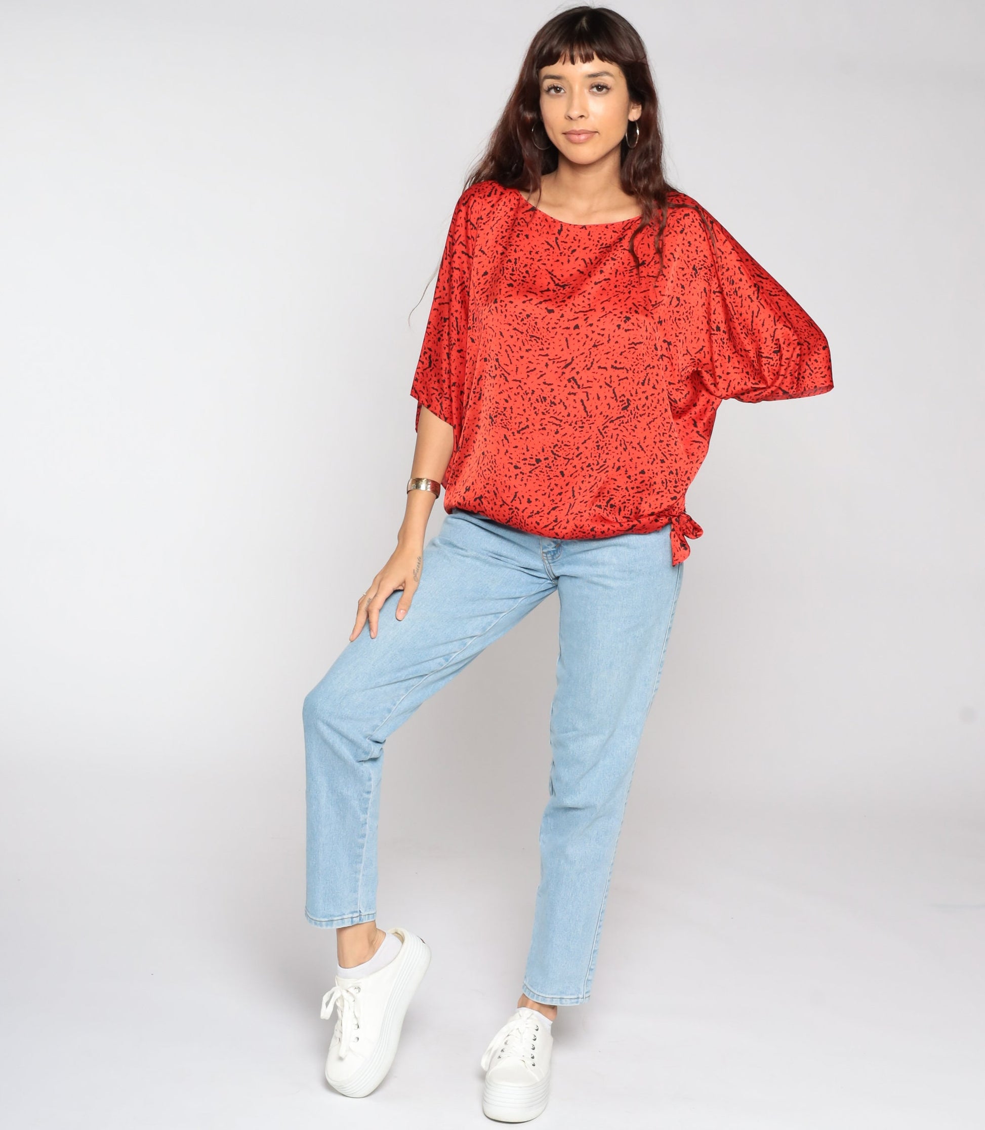 80s Red Confetti Flecked Dolman Blouse Plus Size XXL