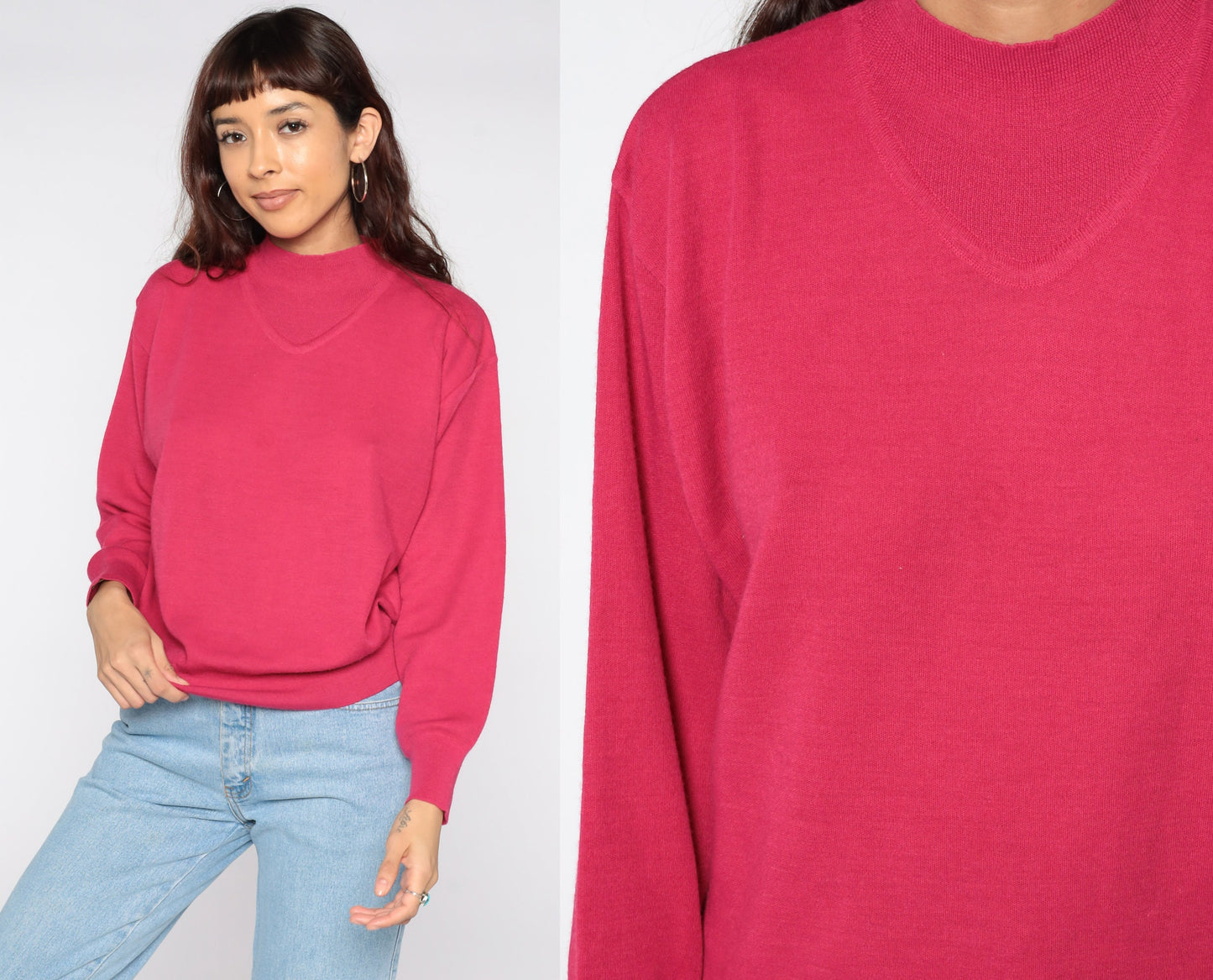 80s Deep Pink Wool Blend Pullover Sweater Knit Crewneck Medium Large
