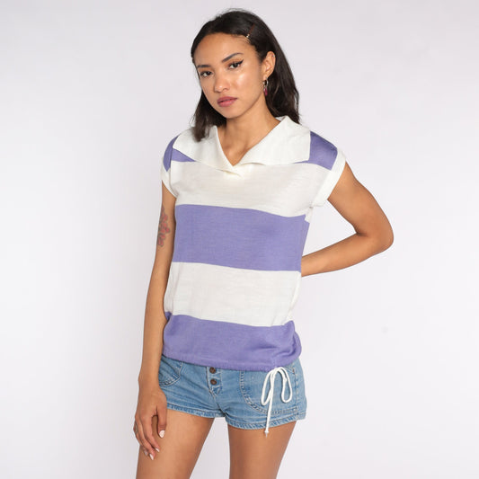 70s Striped Knit Blouse Purple Cap Sleeve Drawstring Waist Small Medium