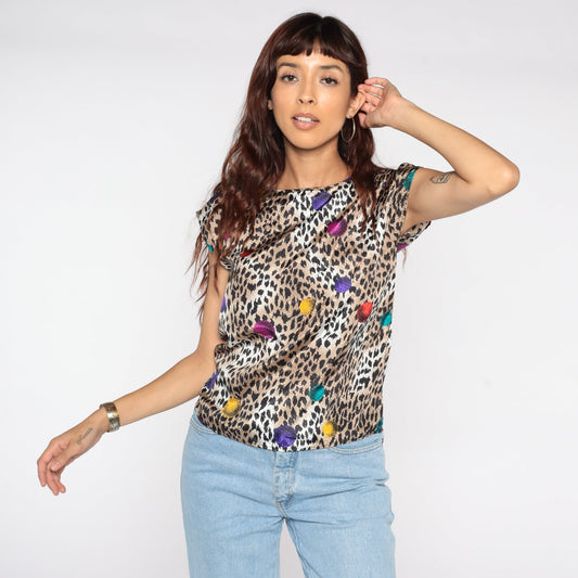 80s Leopard Print Blouse Short Sleeve Animal Print Vintage Shirt Small S
