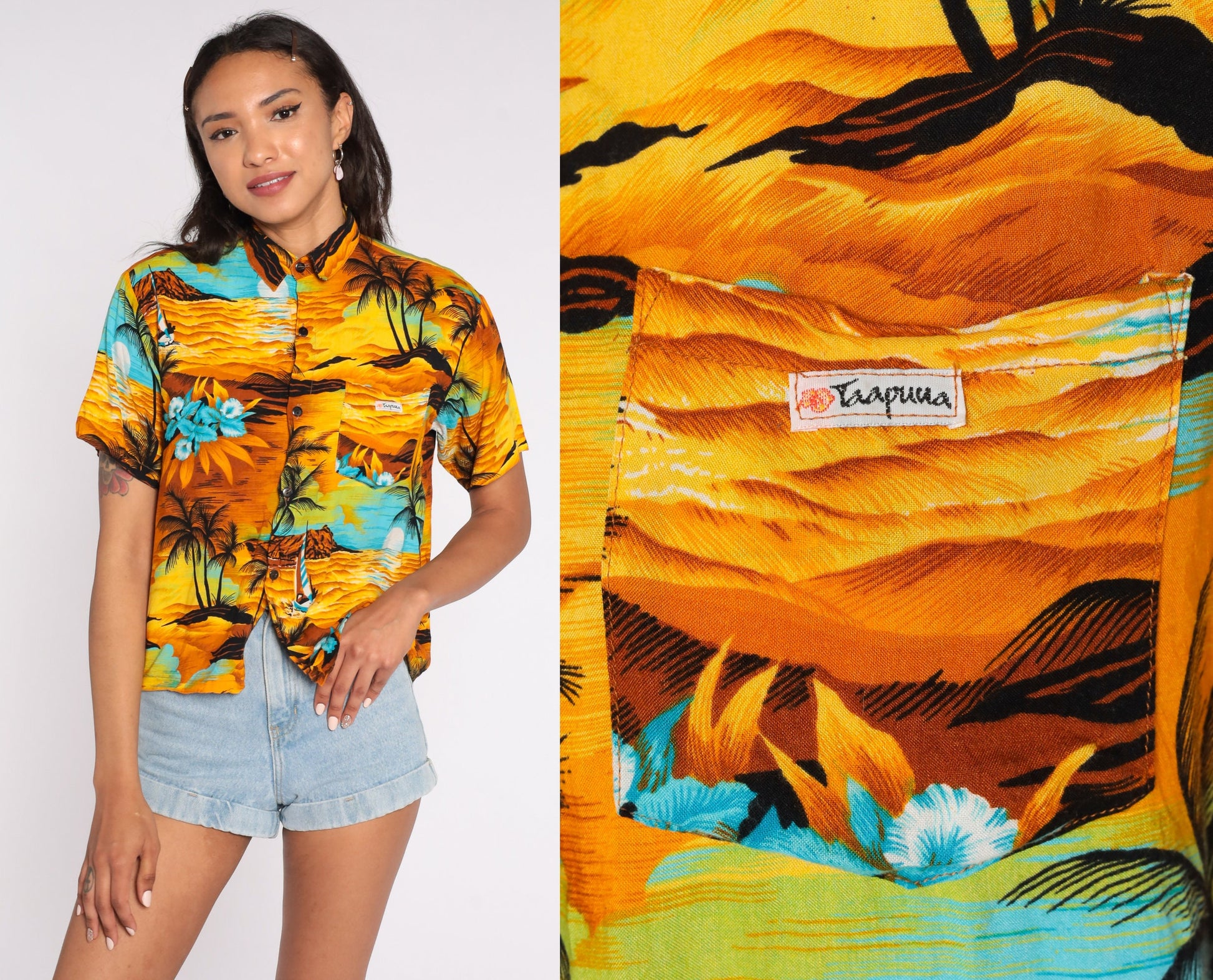 90s Hawaiian Sailboat Floral Print Button Up Shirt Yellow Small S