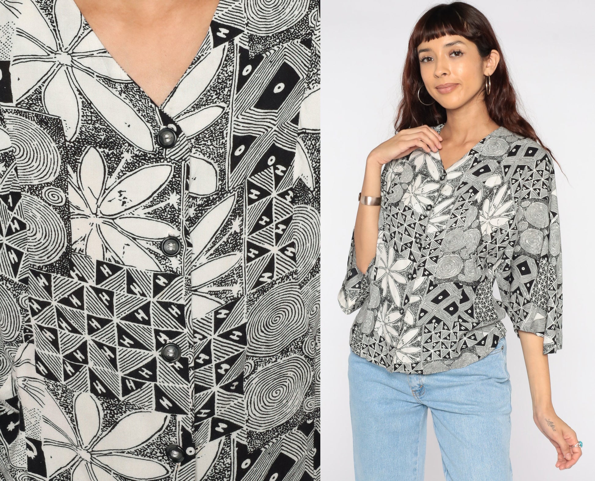 90s Black Floral Button Up Blouse Bell Sleeve Shirt Small Medium