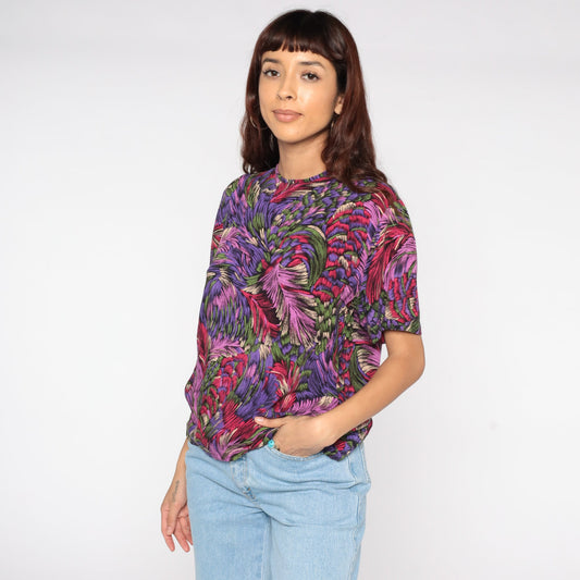 80s Feather Print Shirt Purple Graphic Blouse Medium