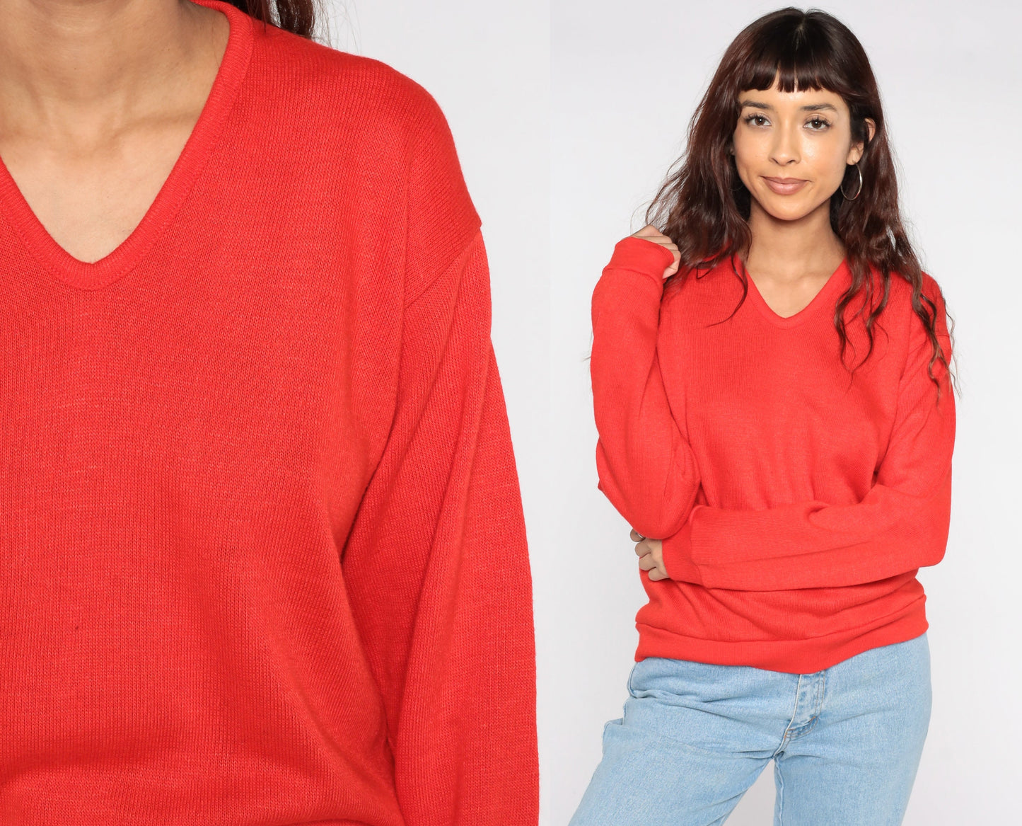 80s Red V-Neck Knit Sweater Slouchy Pullover Medium