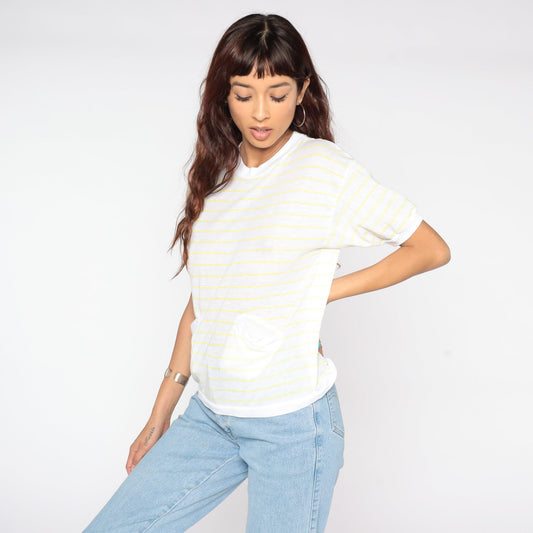80s Yellow White Striped Pocket Shirt Short Sleeve Cotton Blend Medium