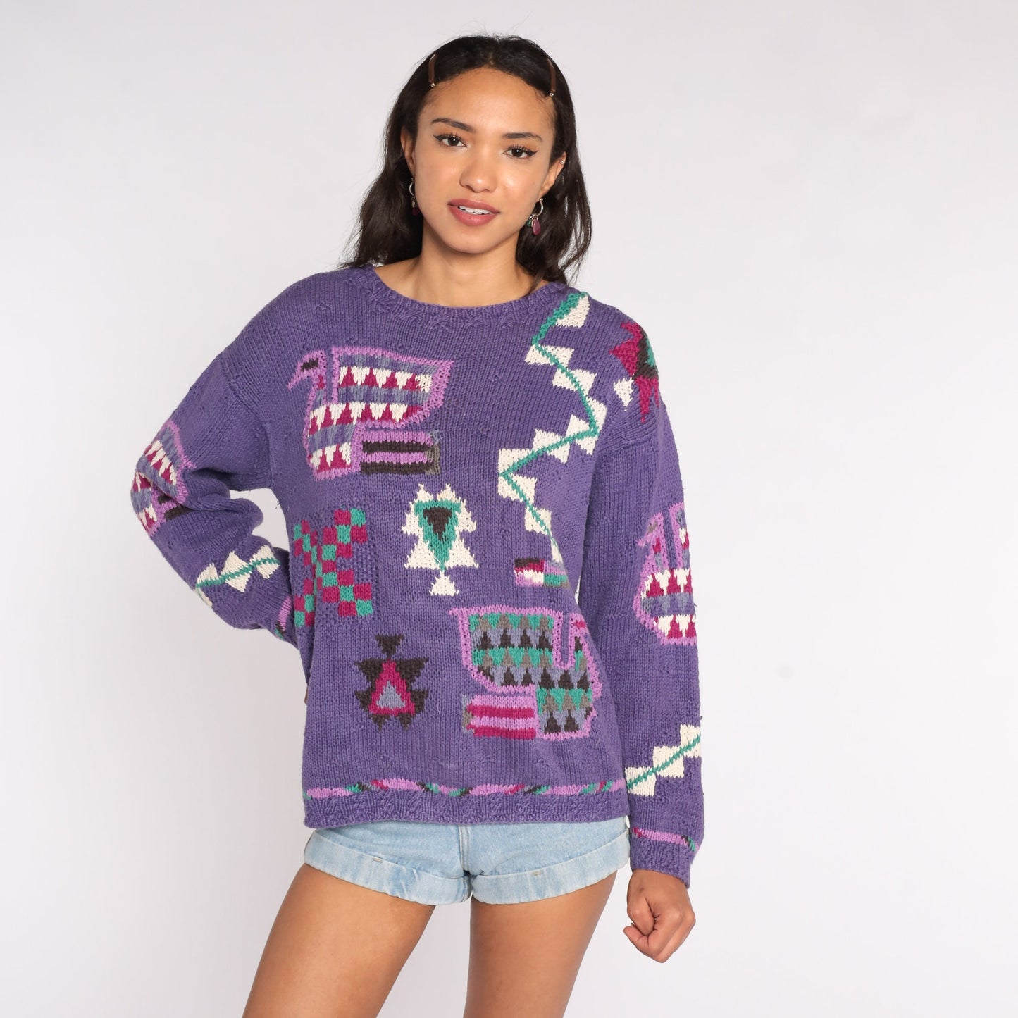 90s Purple Geometric Knit Sweater Cotton Ramie Pullover Medium