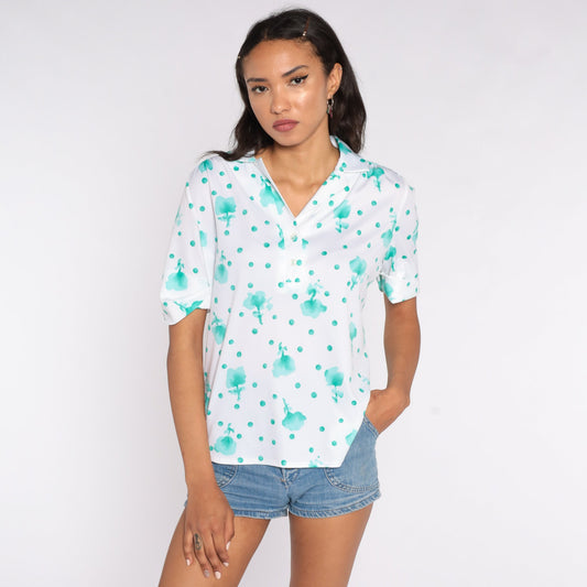 70s White Floral Print Tunic Top Short Sleeve Medium Large