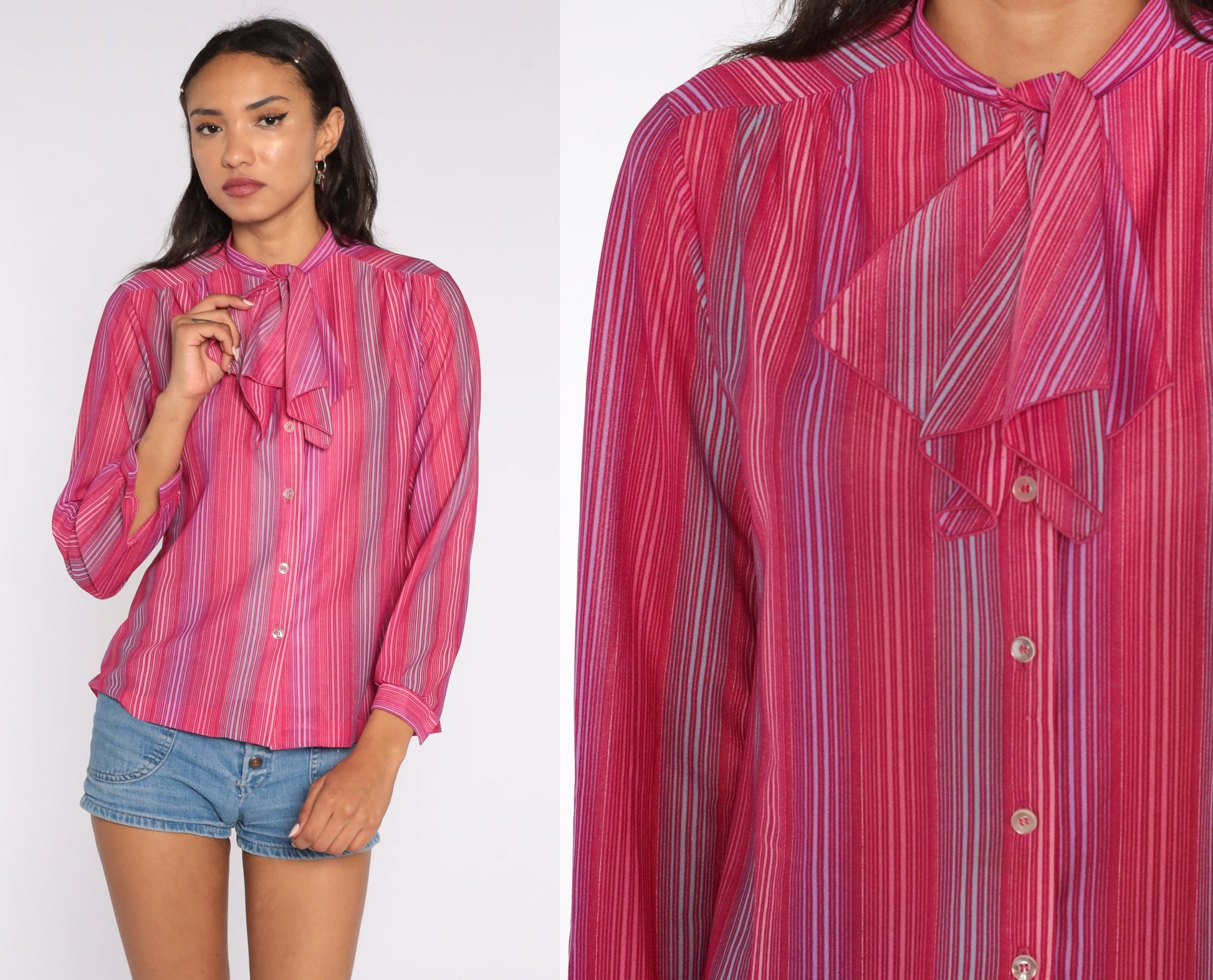 80s Striped Ascot Blouse Pink Long Sleeve Button Up Small Medium