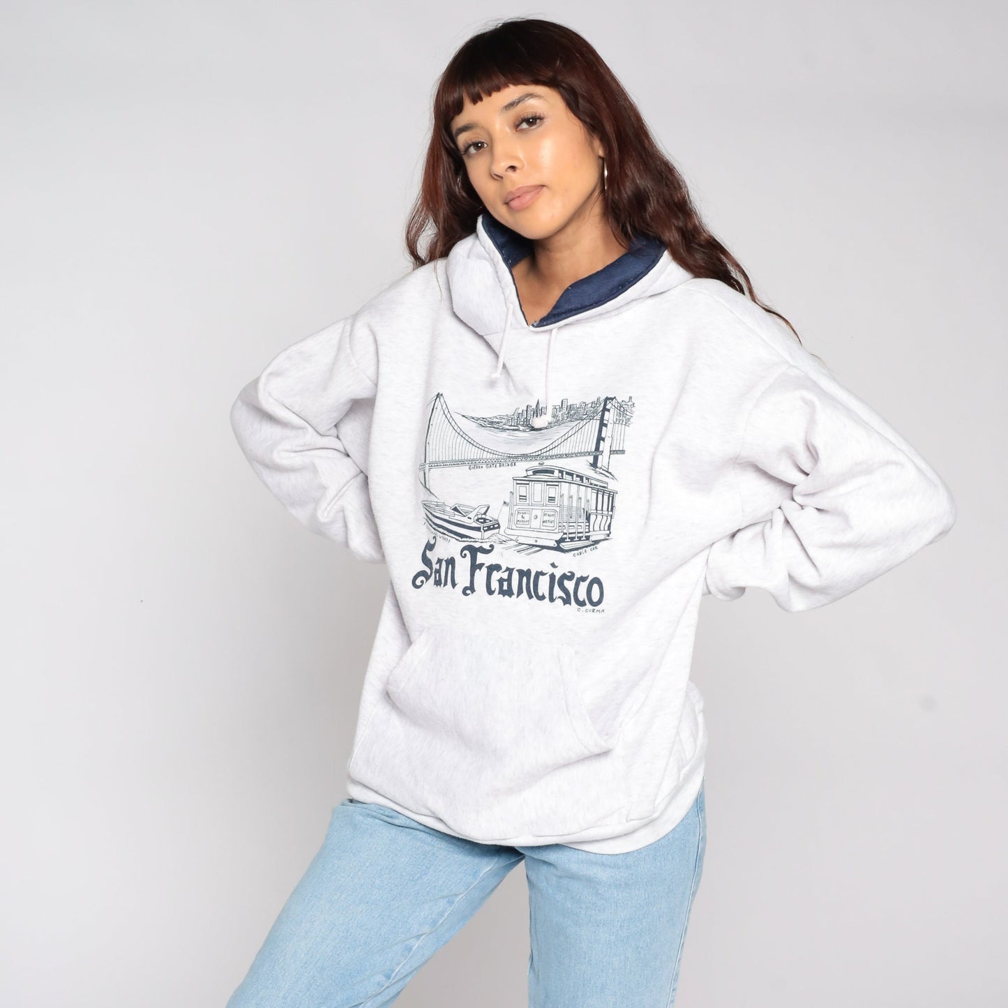 80s San Francisco Trolley Hoodie Sweatshirt Grey Cotton Blend Extra Large