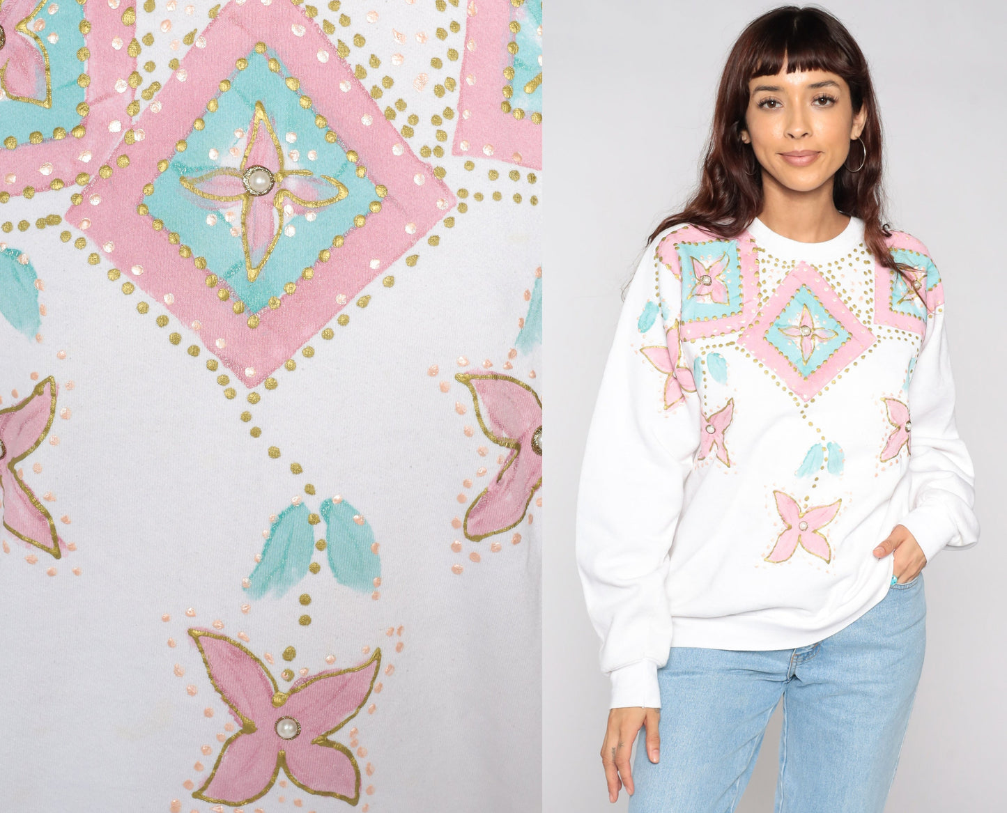 90s Hand Painted Floral Sweatshirt White Graphic Crewneck Large