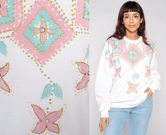 90s Hand Painted Floral Sweatshirt White Graphic Crewneck Large