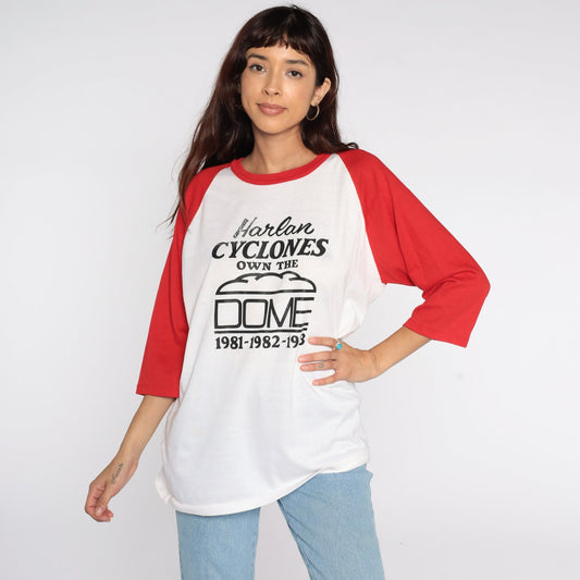 80s Harlan Cyclones Bogler Raglan Baseball Tee White Red Extra Large