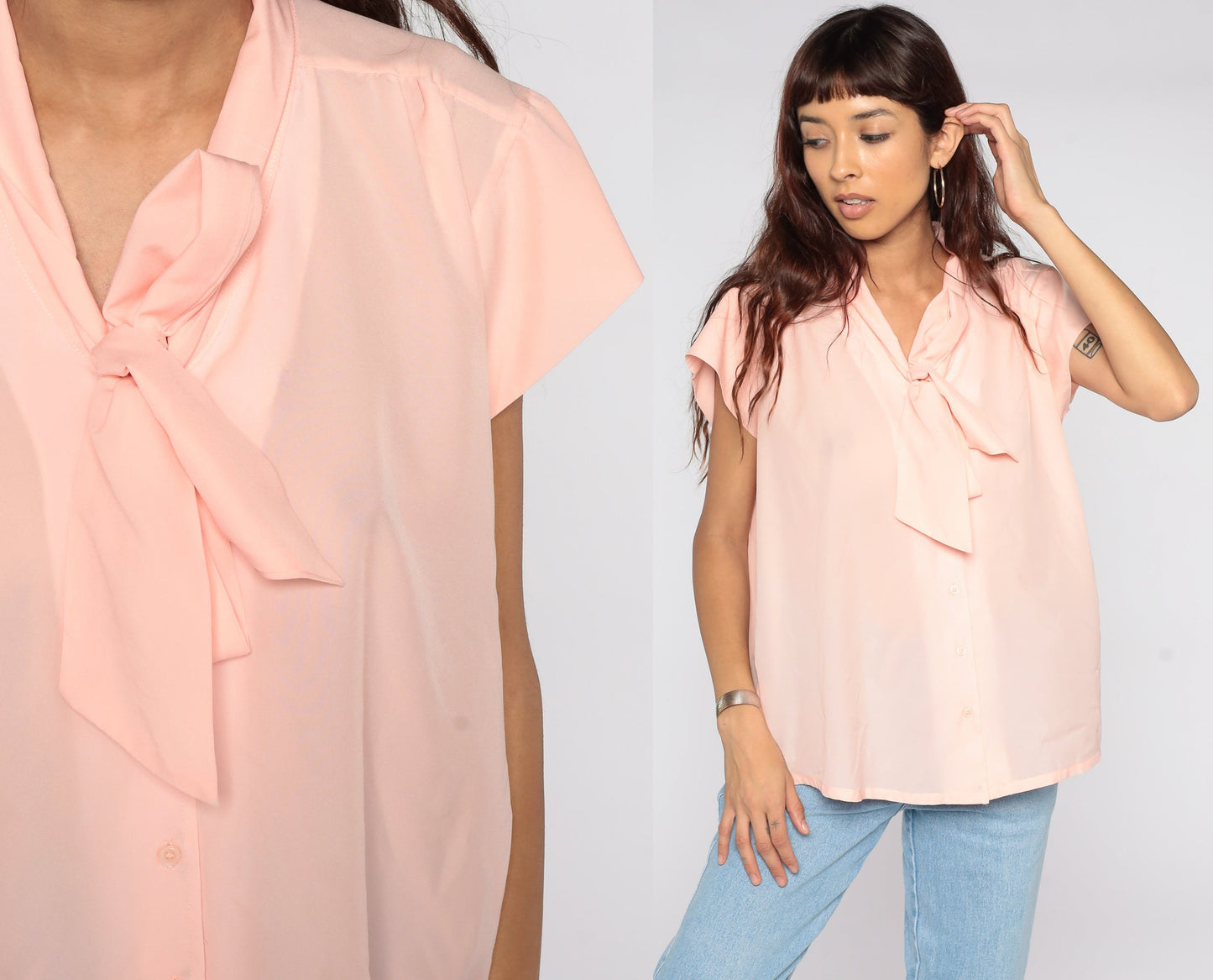 80s Baby Pink Ascot Blouse Short Sleeve Button Up Secretary Top Large L