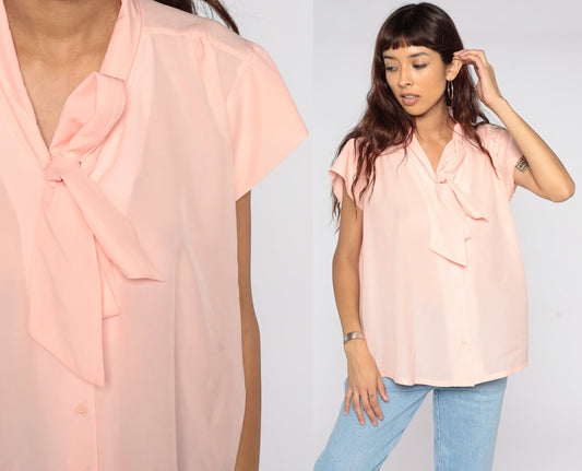 80s Baby Pink Ascot Blouse Short Sleeve Button Up Secretary Top Large L