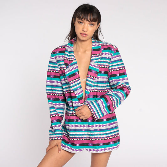80s Southwestern Aztec Jacket Pink Turquoise Cotton Blazer Extra Large XXL
