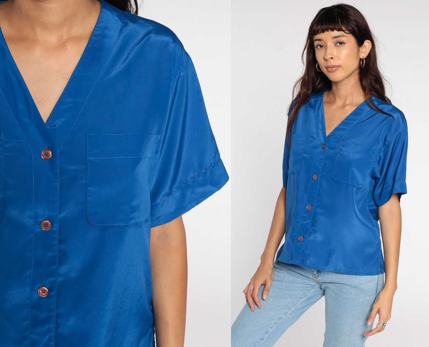 80s Royal Blue Button-Up Shirt Short Sleeve Blouse Medium