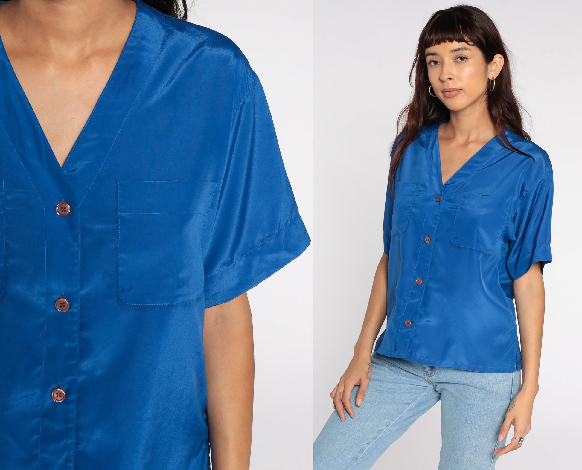 80s Royal Blue Button-Up Shirt Short Sleeve Blouse Medium