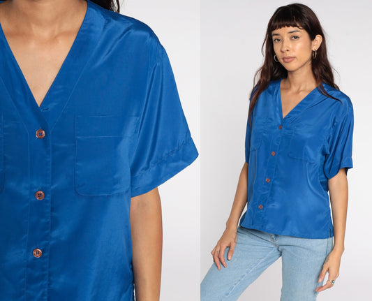 80s Royal Blue Button-Up Shirt Short Sleeve Blouse Medium
