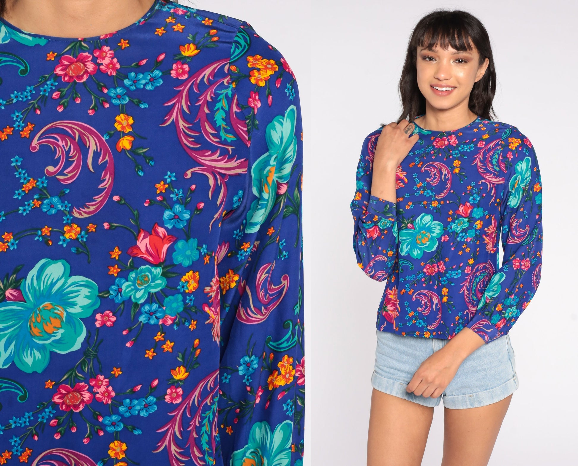 80s Silk Floral Blouse Puff Sleeve Button Back Blue Small