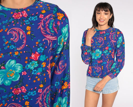 80s Silk Floral Blouse Puff Sleeve Button Back Blue Small