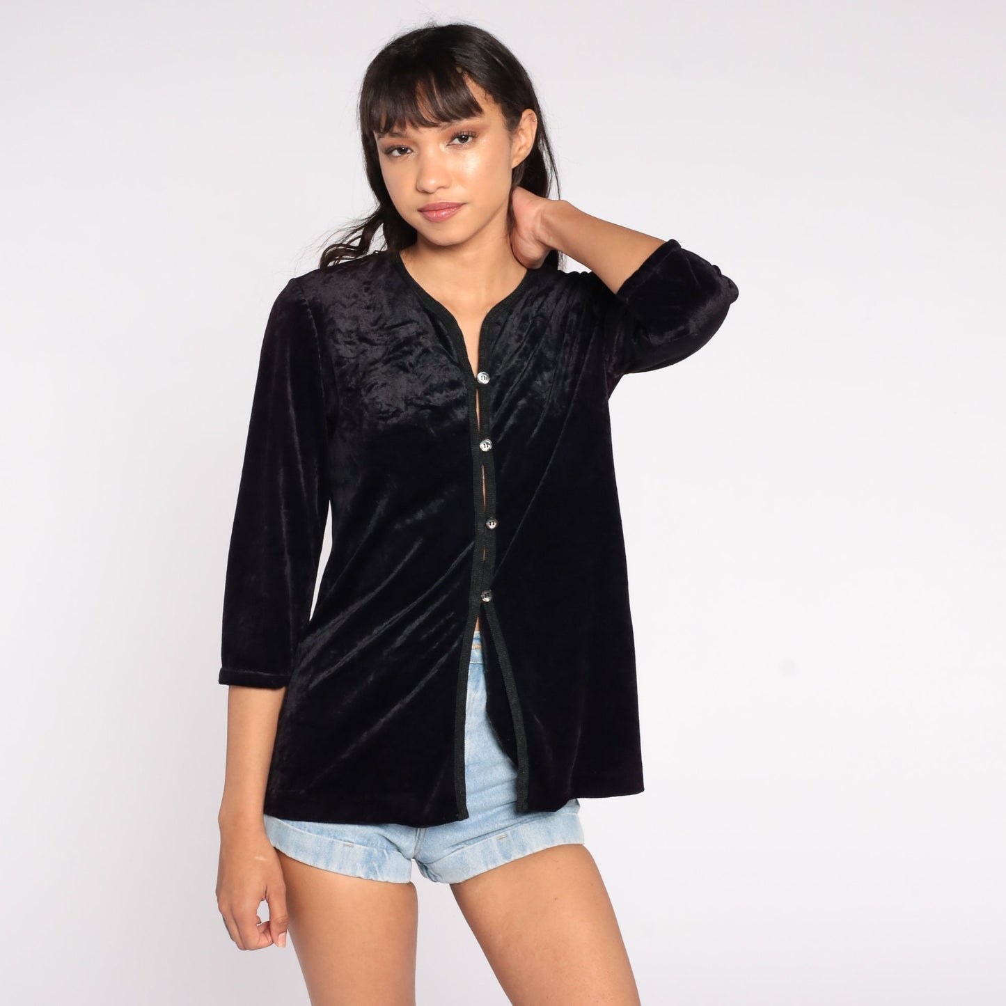 90s Black Velvet Button-Up Blouse Long Sleeve Vintage Shirt Medium