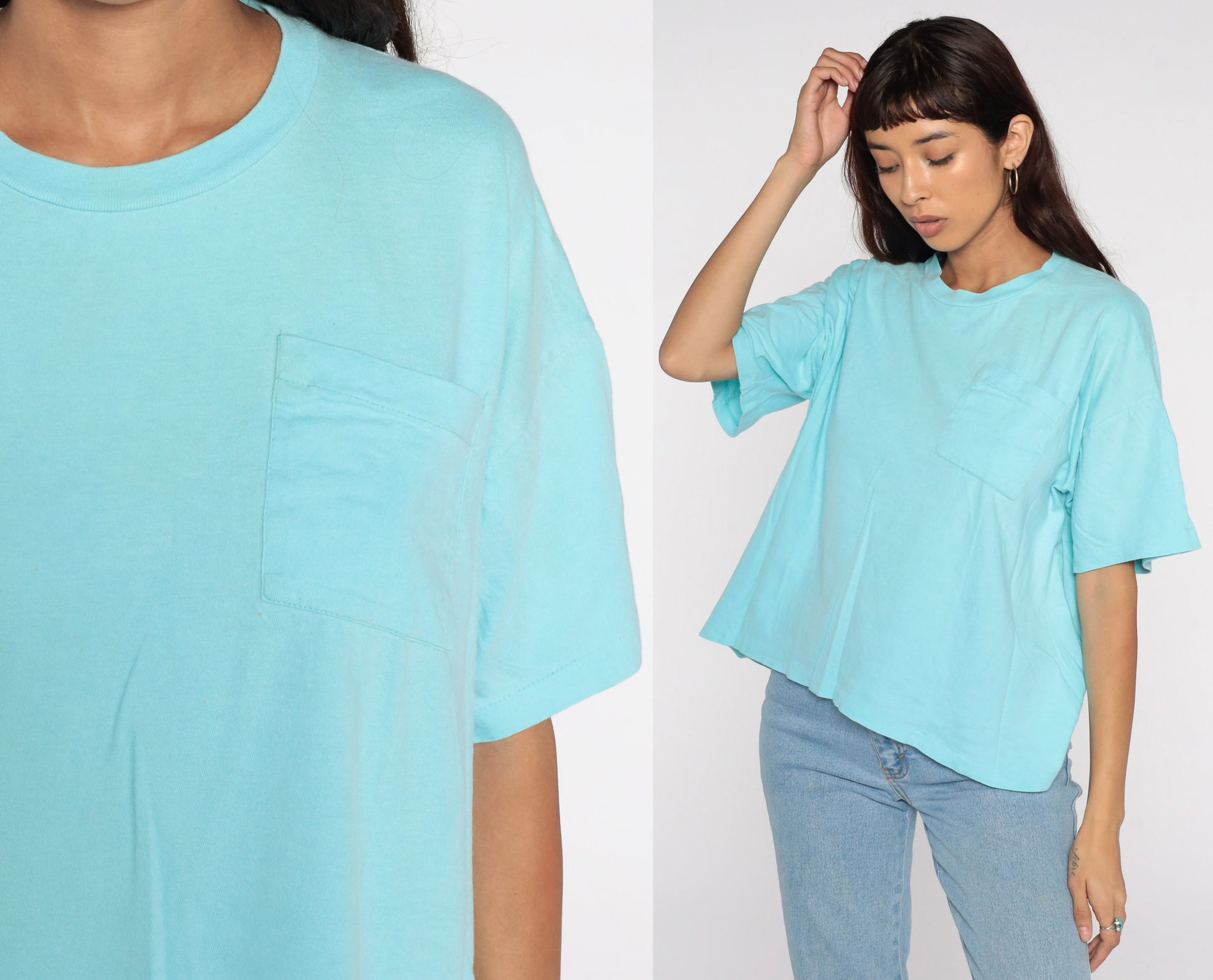 80s Blue Pocket T-Shirt Cotton Plain Crewneck Large