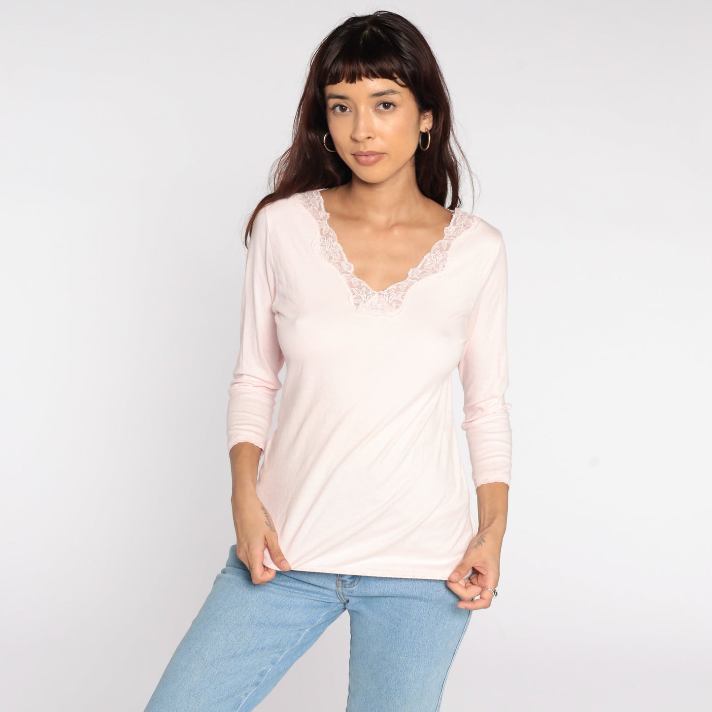 80s Baby Pink Long Sleeve Tee Lace Trim Cotton Blend Medium