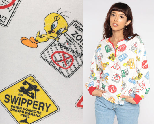 90s Looney Tunes Tweety Bird Pajama Shirt Cotton Long Sleeve Medium