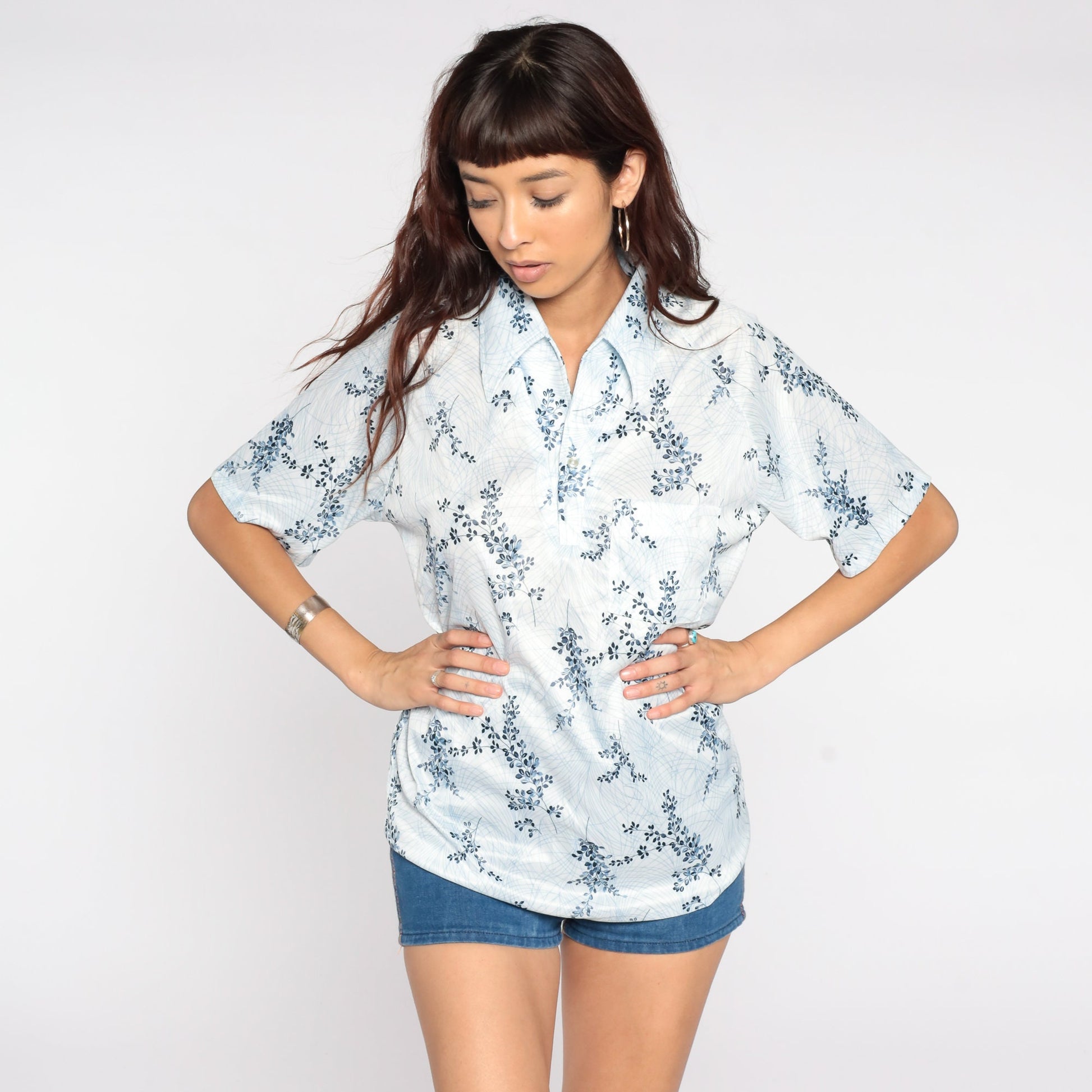 70s Blue Floral Button-Up Shirt Short Sleeve Collar Leaf Print Men's Medium