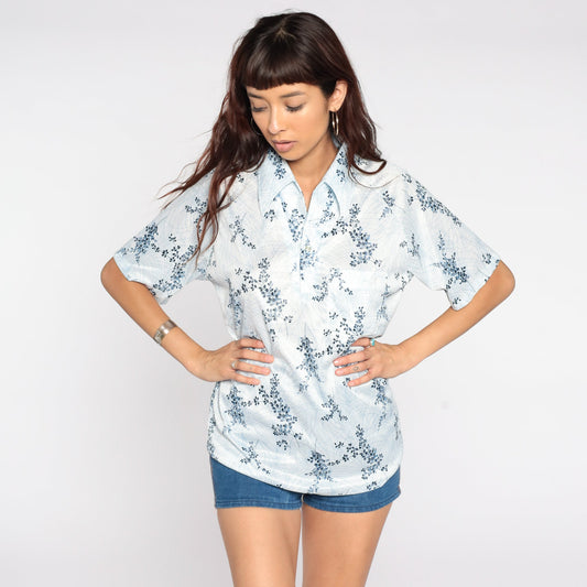 70s Blue Floral Button-Up Shirt Short Sleeve Collar Leaf Print Men's Medium