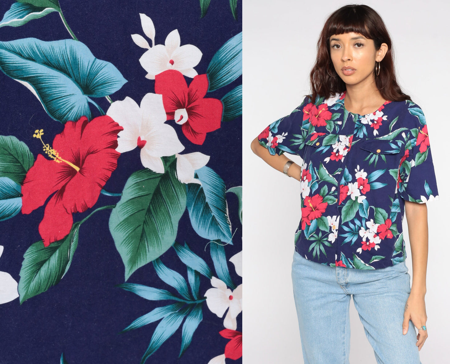 80s Tropical Floral Button-Up Blouse Short Sleeve Blue Medium Large